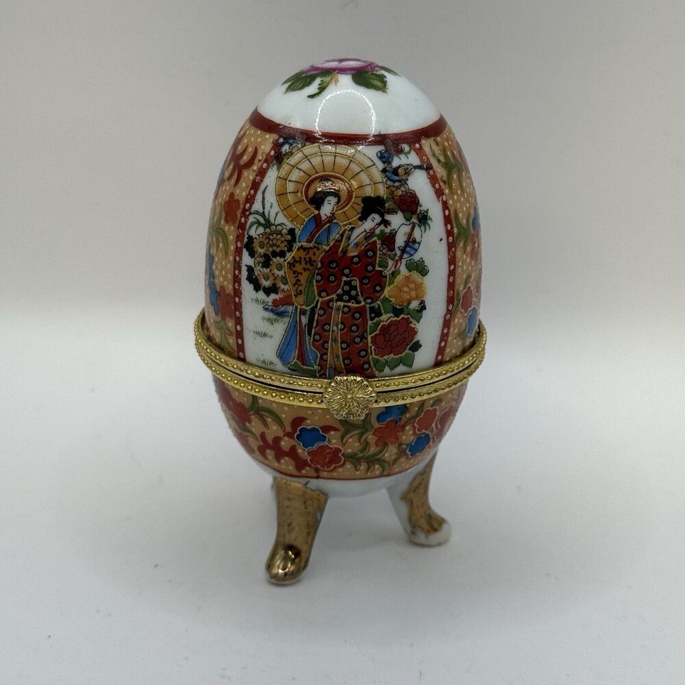 Vintage Hand Painted Collectible Oriental Egg Shape Trinket Box 4" Tall